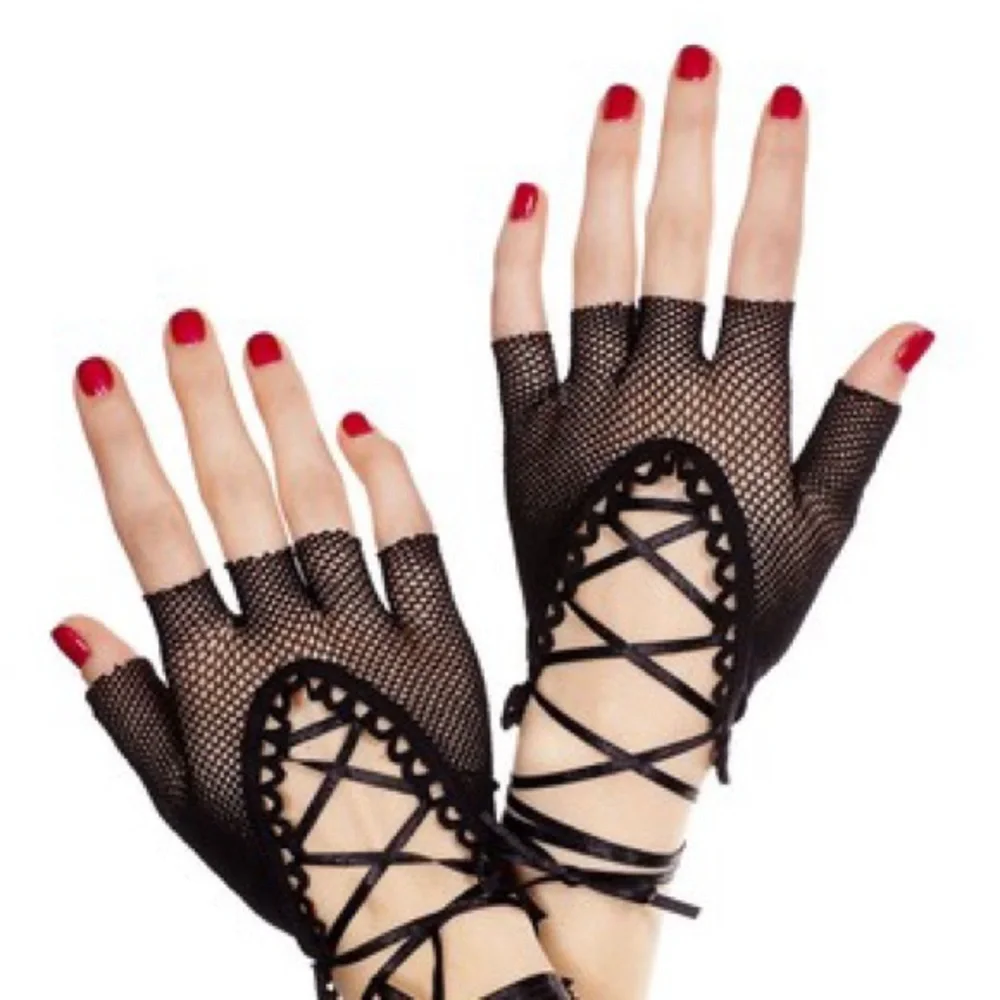 NIB NWT Corset lace up gloves fishnet fingerless one size fits most up to 175 lb